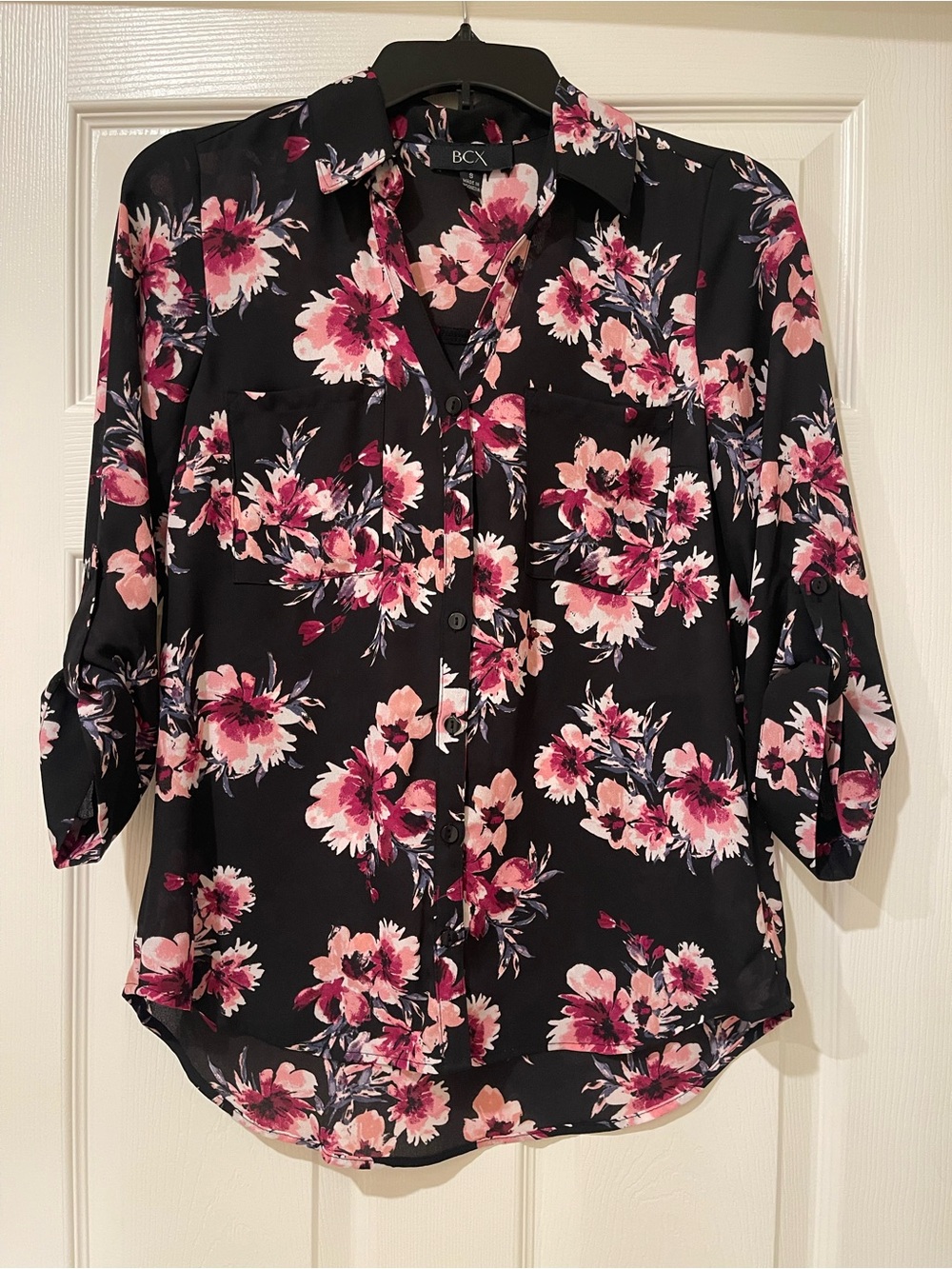 BCX Black Floral Button-Down Shirt with Pink Blossoms